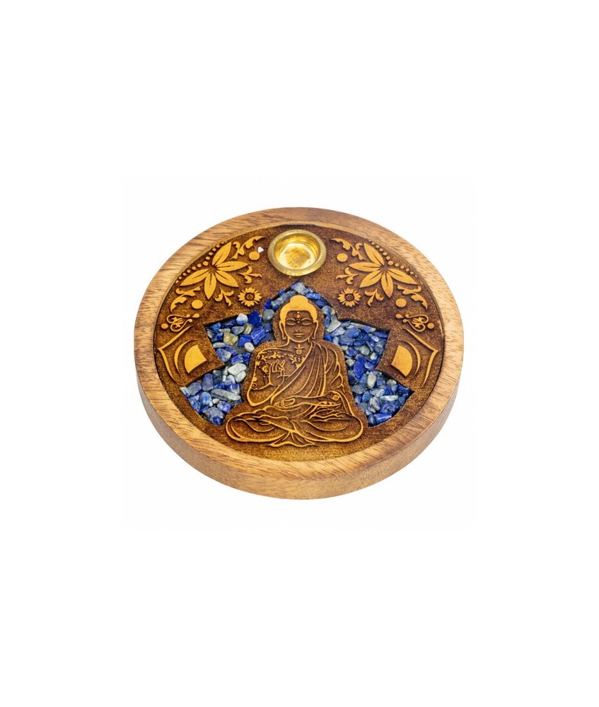 Quemador de incienso para varilla y cono. Forma redonda, realizado en madera natural y Sodalita, grabado con el simbolo de Buda