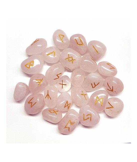  24 piezas de Cuarzo Rosa con los símbolos de las runas grabados en dorado.
Incluye caja y folleto explicativo.
Medida de las