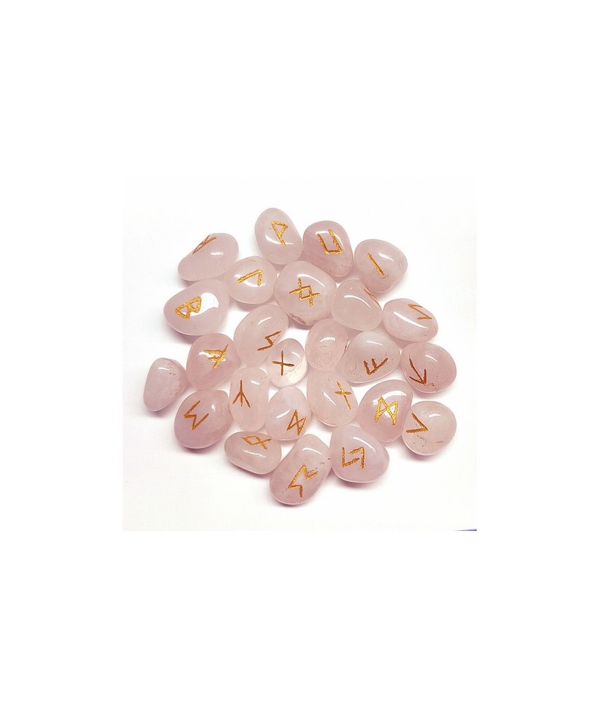  24 piezas de Cuarzo Rosa con los símbolos de las runas grabados en dorado.
Incluye caja y folleto explicativo.
Medida de las