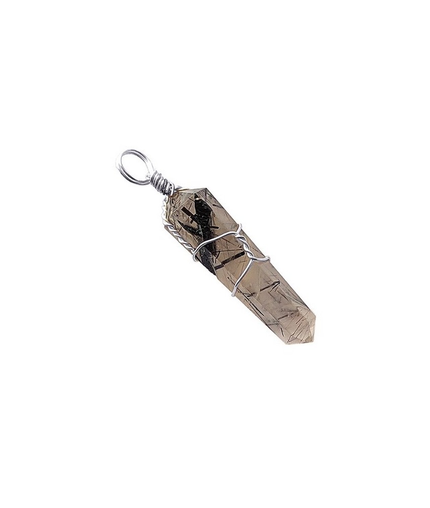 Colgante en punta biterminada de Cuarzo con Turmalina. 

Medida: 3cm x 1cm apróximadamente.

Metal: Acero
