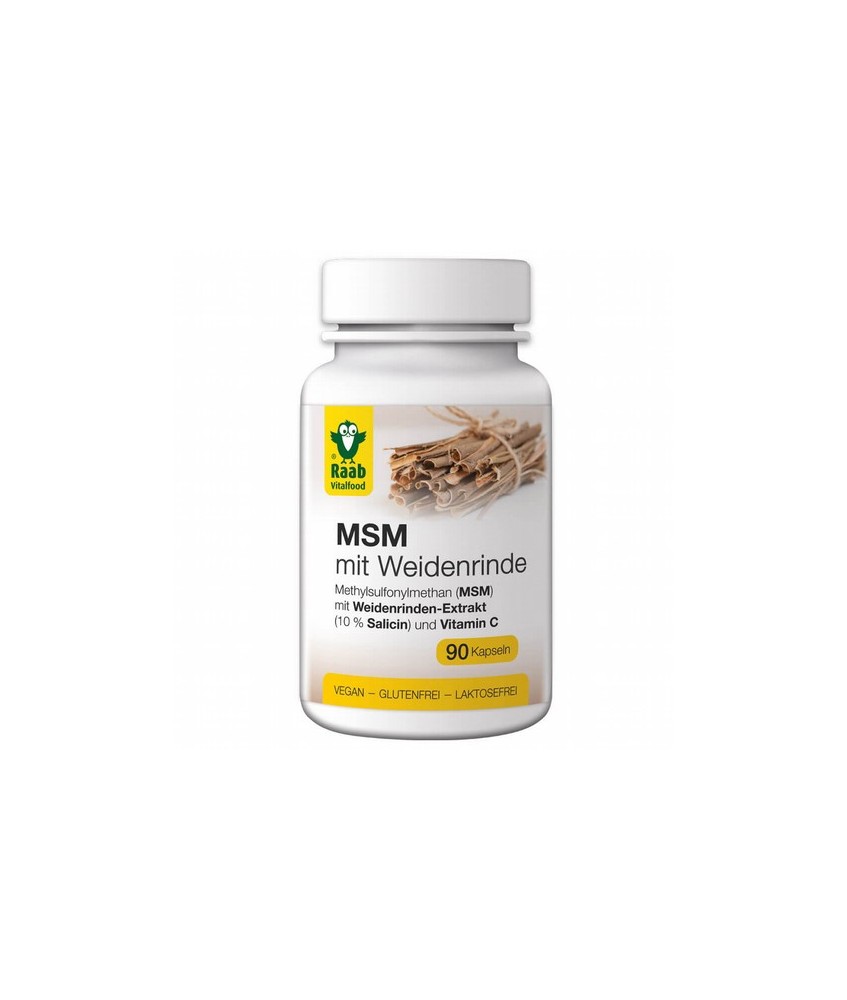 Las cápsulas de Raab MSM con corteza de sauce contienen azufre ligado orgánicamente (MSM), vitamina C y extracto de corteza de 