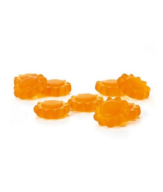 jarabe de glucosa, azúcar, concentrado de zumo de frutas (17%) (naranja, melocotón), Gelatina, zumo de jengibre (3%), acidulant