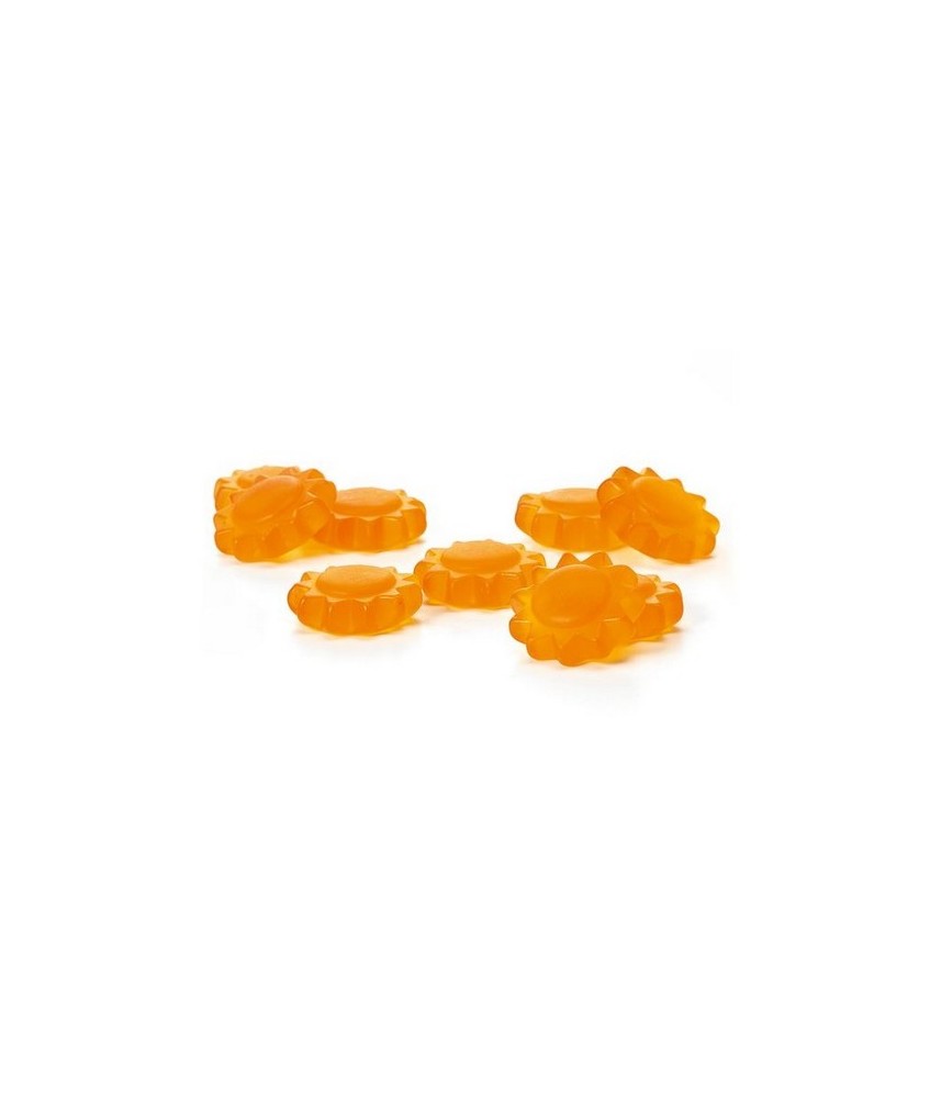 jarabe de glucosa, azúcar, concentrado de zumo de frutas (17%) (naranja, melocotón), Gelatina, zumo de jengibre (3%), acidulant