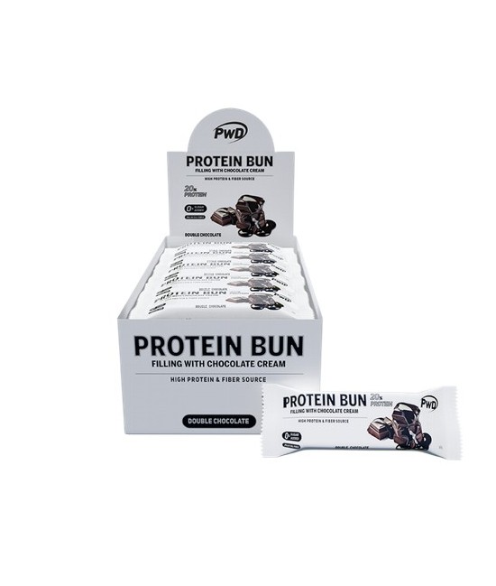 PROTEIN BUN es un delicioso bizcocho de chocolate relleno de cuatro posibles sabores. Aporta un 20% de proteína y solo un 0,3g.