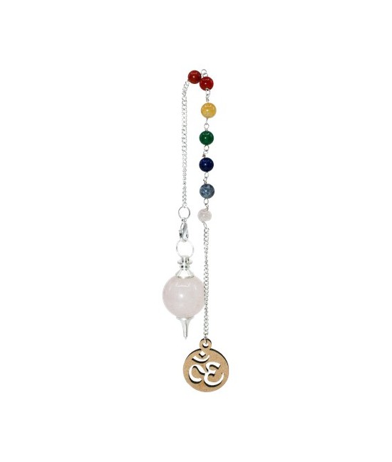 TRI.PENDULO ESFERA CUARZO ROSA CADENA CHAKRAS OM