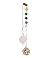 TRI.PENDULO ESFERA CUARZO ROSA CADENA CHAKRAS OM