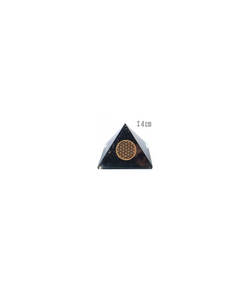 Piramide de orgonita con Turmalina en piedra chip con el símbolo en dorado de la flor de la vida.

Medida: 5 x 5 x 4 cm. 