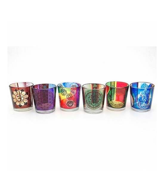 Portavelas en cristal,y esmaltado con diferentes motivos: Om, chakras, arbol de la vida, flor de la vida, simbolo celta y diosa