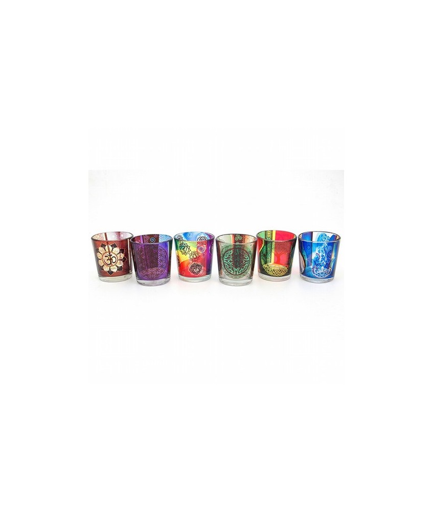 Portavelas en cristal,y esmaltado con diferentes motivos: Om, chakras, arbol de la vida, flor de la vida, simbolo celta y diosa