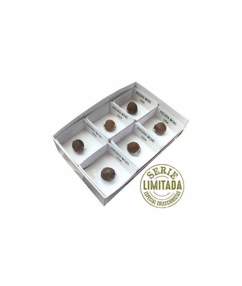 Piedra Moki (USA) en cajita de 4x4.
Esferas de arenisca recubiertas de pirita y hematite descubiertas por los indios Moki de U