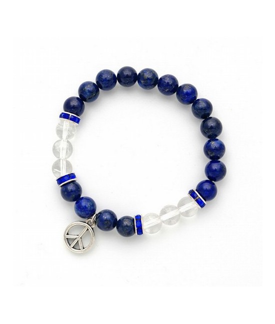 Pulsera de lapislázuli y cristal de roca en bola de 8 mm. con un motivo colgante metálico del símbolo de la paz y detalles de c