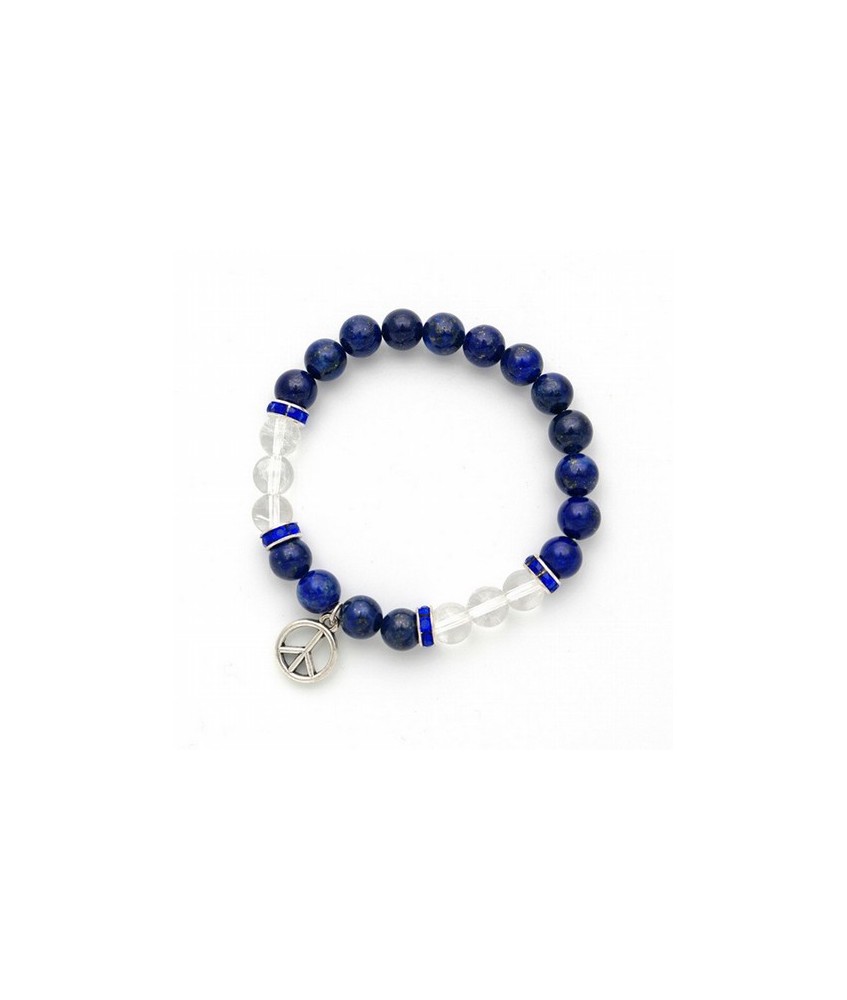 Pulsera de lapislázuli y cristal de roca en bola de 8 mm. con un motivo colgante metálico del símbolo de la paz y detalles de c