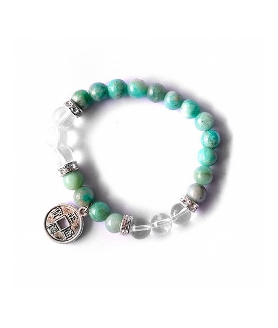 Pulsera de amazonita y cristal de roca en bola de 8 mm. con amuleto colgante metálico moneda y detalles de circonitas.