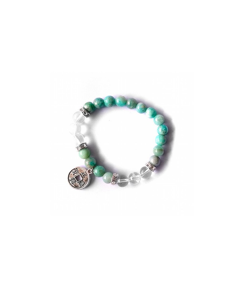 Pulsera de amazonita y cristal de roca en bola de 8 mm. con amuleto colgante metálico moneda y detalles de circonitas.