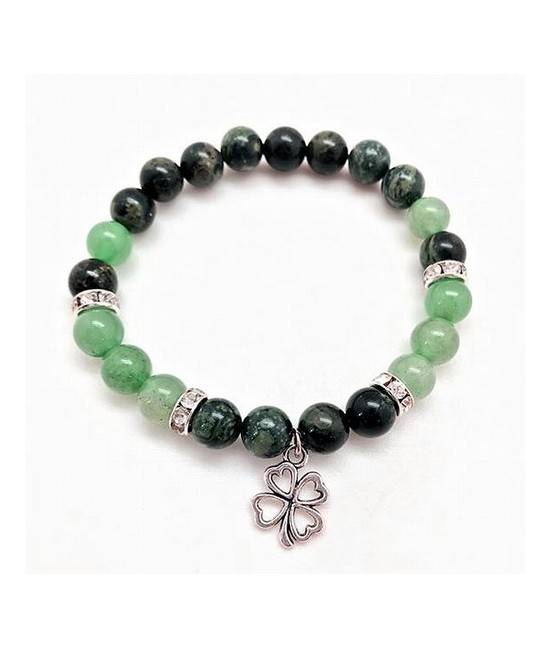 Pulsera de Jaspe Kambaba y Aventurina Verde en bola de 8 mm. con amuleto colgante metálico en forma de trébol y detalles de cir