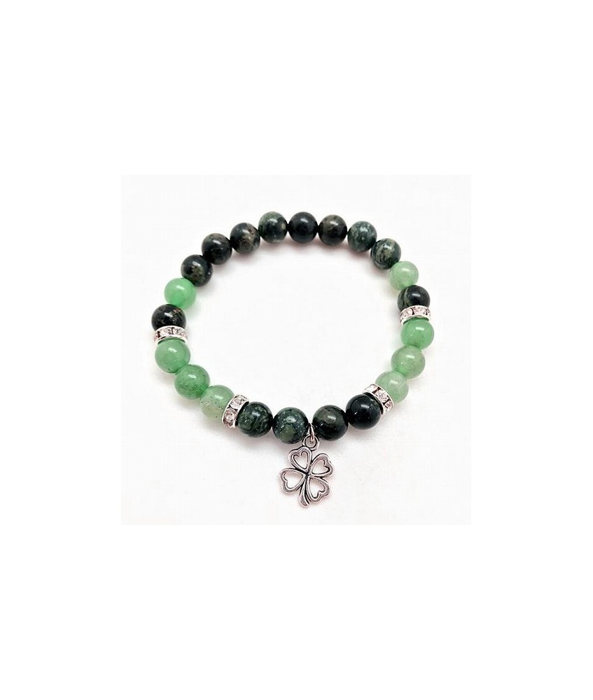 Pulsera de Jaspe Kambaba y Aventurina Verde en bola de 8 mm. con amuleto colgante metálico en forma de trébol y detalles de cir