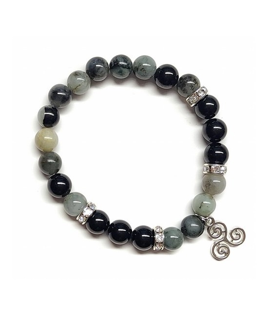 Pulsera Turmalina y Esmeralda en bola de 8 mm. con amuleto colgante Trisquel.