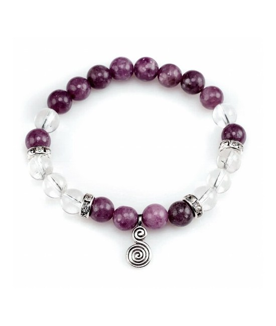 Pulsera Lepidolita y Cuarzo en bola de 8 mm. con amuleto colgante Espiral.

 