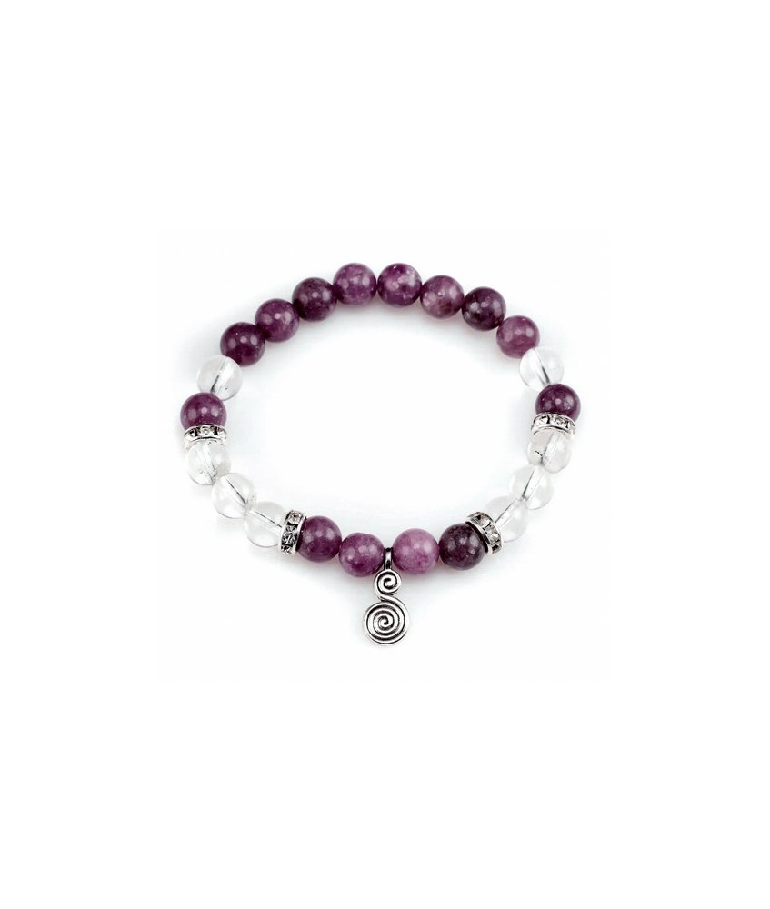 Pulsera Lepidolita y Cuarzo en bola de 8 mm. con amuleto colgante Espiral.

 