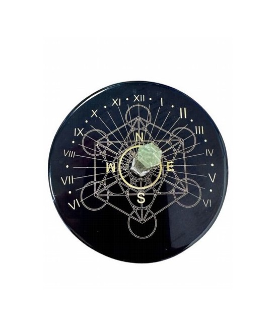 Placa Metatron de ónix negro con cristal de roca 8cm
SUP-ONYX03 Origen: India
Plato atrapasoles de ónix negro estampado dorad