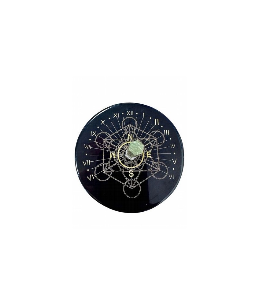 Placa Metatron de ónix negro con cristal de roca 8cm
SUP-ONYX03 Origen: India
Plato atrapasoles de ónix negro estampado dorad