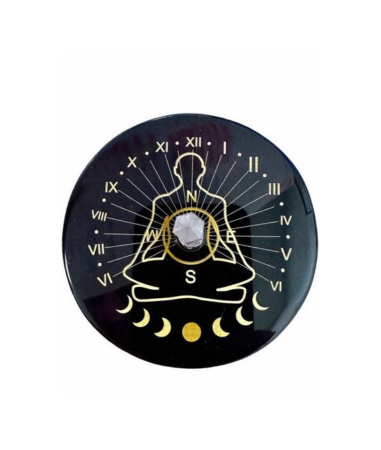 Placa pentáculo de ónix negro con cristal de roca 8cm
SUP-ONYX05 Origen: India
Plato atrapasoles de ónix negro estampado dora