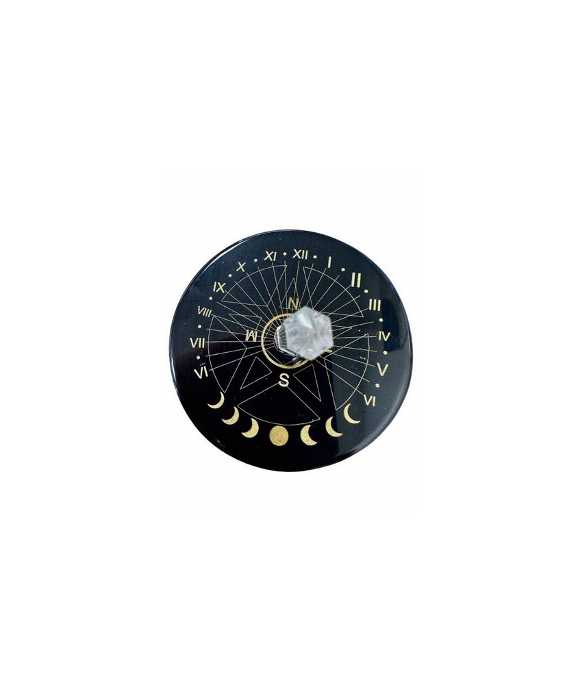 Placa pentáculo de ónix negro con cristal de roca 8cm
SUP-ONYX04 Origen: India
Plato atrapasoles de ónix negro estampado dora