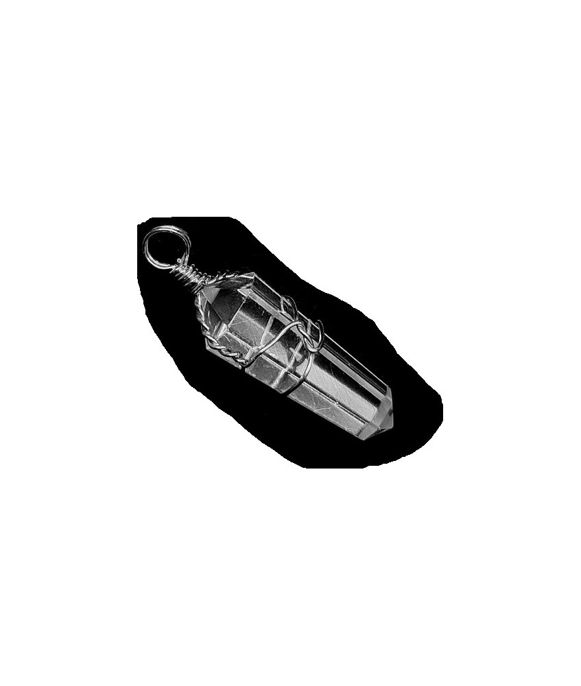 Colgante en punta biterminada de Cristal de Roca. 

Medida: 3cm x 1cm apróximadamente.

Metal: Acero