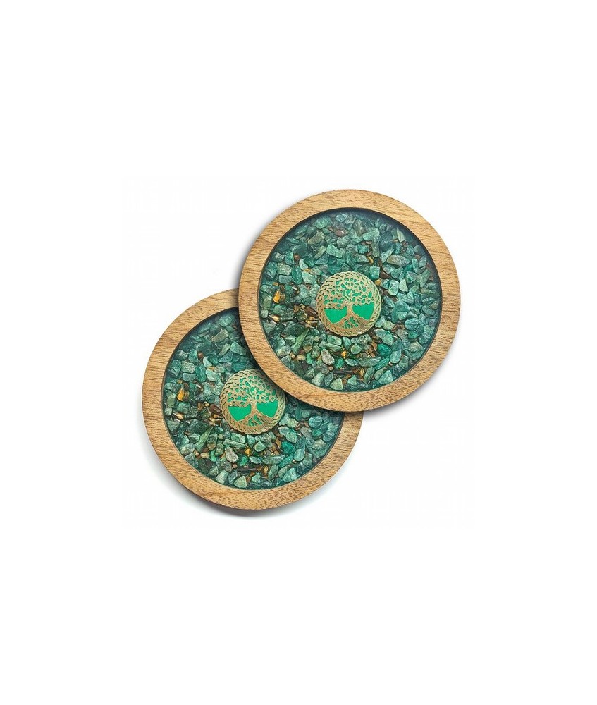 Set de 2 posavasos de madera con sobre de cristal con símbolo del Arbol de la Vida y minerales de Aventurina y Ojo de Tigre.
