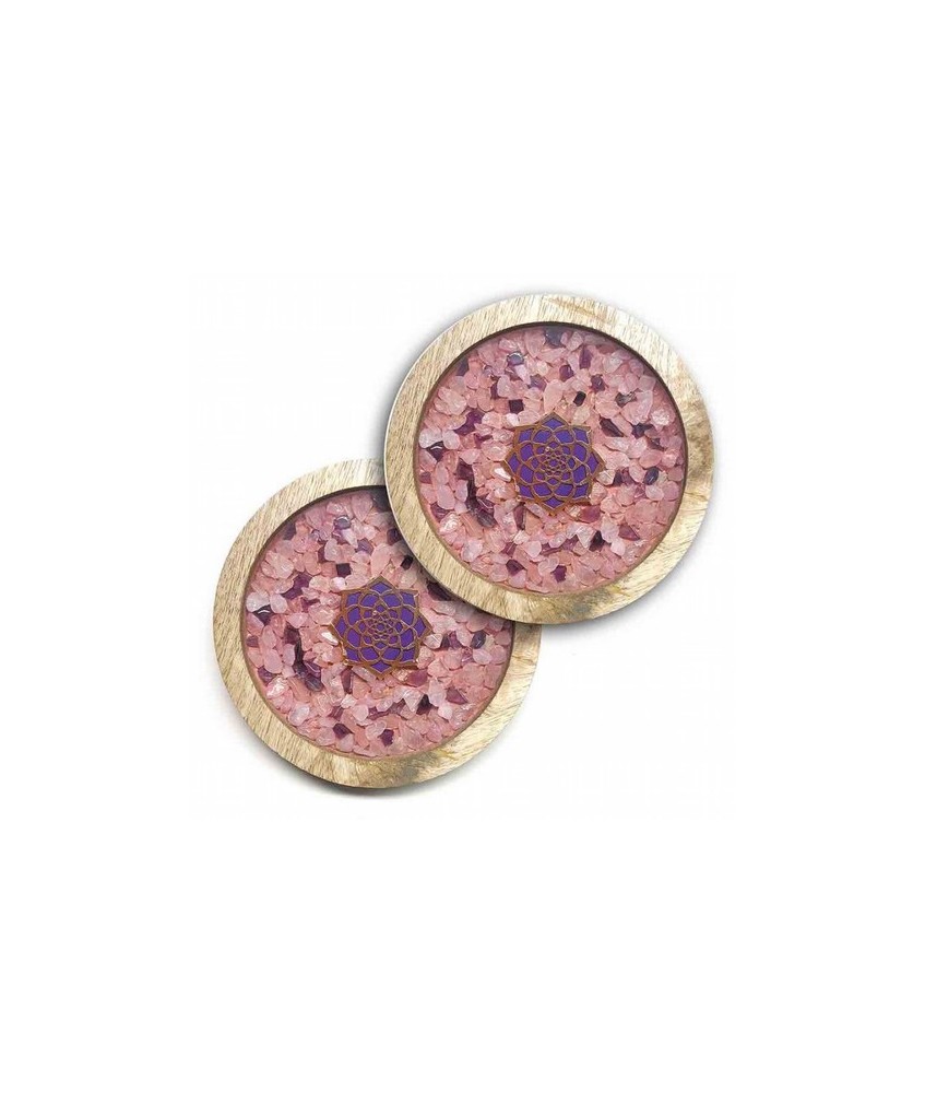 Set de 2 posavasos de madera con sobre de cristal con símbolo de Flor de Loto y minerales de Cuarzo Rosa y Amatista.

Tamaño 