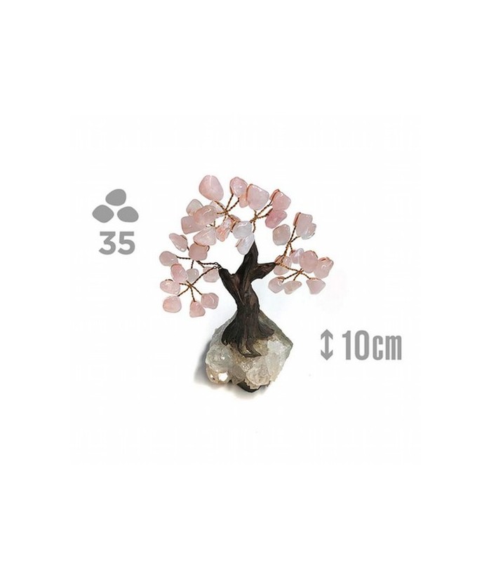 Árbol compuesto de 35 piedras de Cuarzo Rosa (de 1cm aprox).

Base de drusa de Amatista.

Medida: 10cm de alto aprox