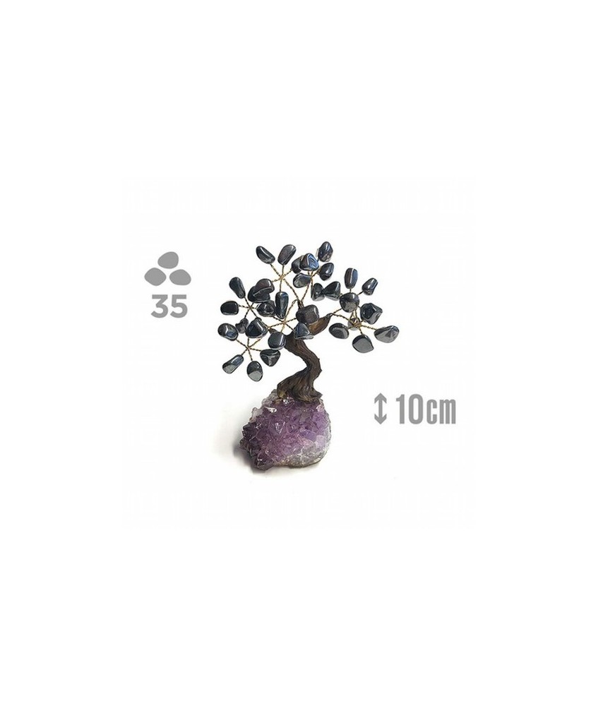 Árbol compuesto de 35 piedras de Hematite (de 1cm aprox).

Base de drusa de Amatista.

Medida: 10cm de alto aprox.