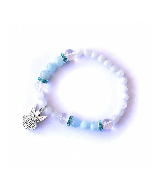 Pulsera piedra luna y aguamarina en bola de 6 y 8 mm. con amuleto colgante ángel y detalles de circonitas.

 