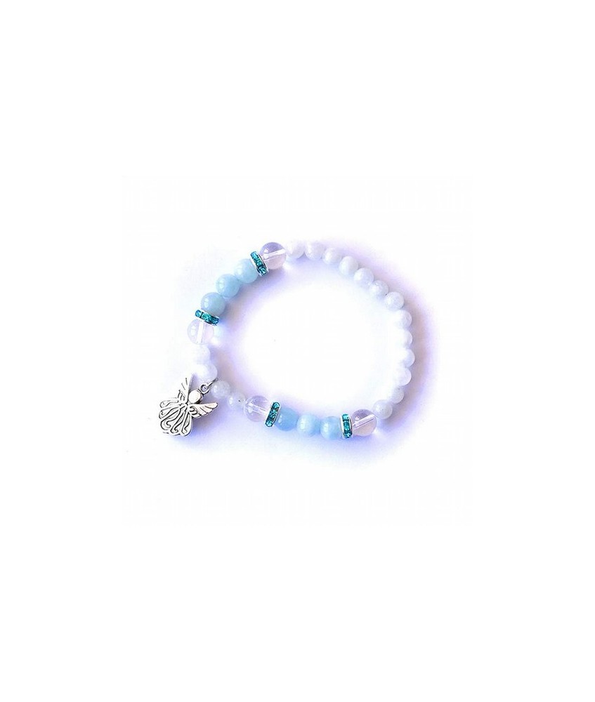 Pulsera piedra luna y aguamarina en bola de 6 y 8 mm. con amuleto colgante ángel y detalles de circonitas.

 