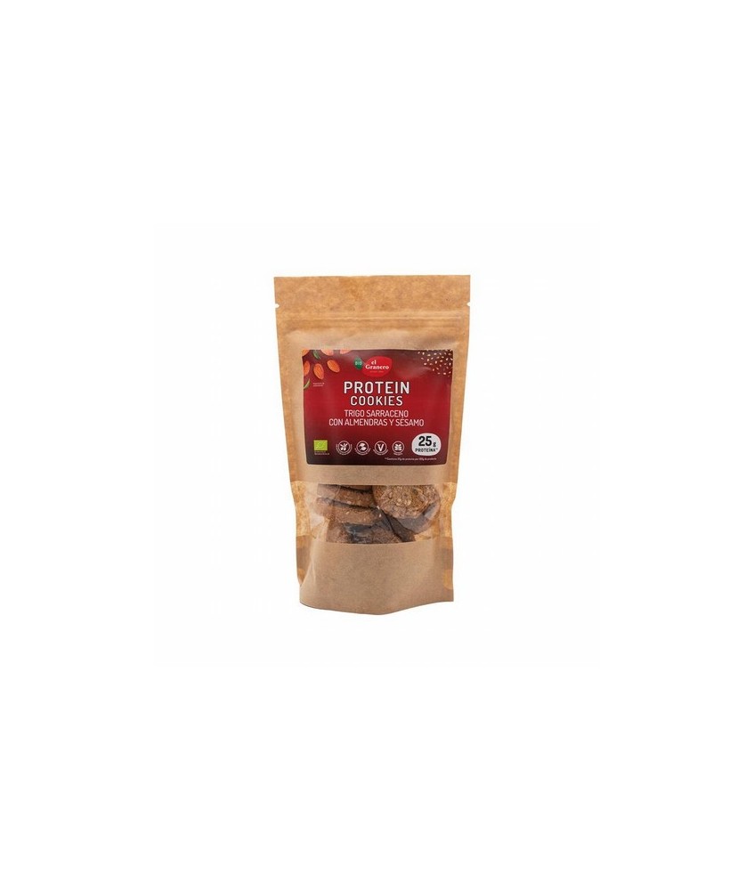 GALLETAS COOKIES PROTEIN ALMENRA Y SESAMO BIO, 130 g
Ref. 019191

Ingredientes: harina de trigo sarraceno integral* (27%), p