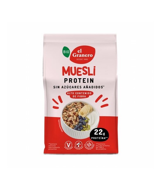 MUESLI PROTEIN BIO, 375 g
Ref. 019176

Ingredientes: copos de soja* 35%, copos de trigo integral* 16%, copos de avena integr