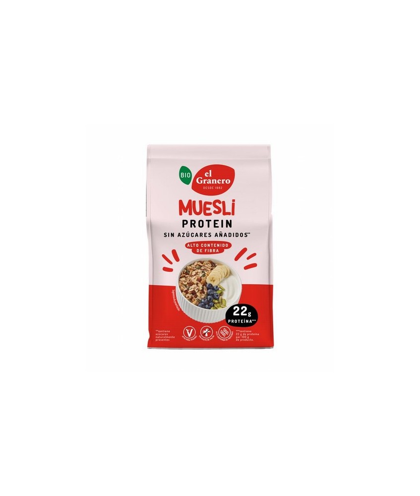 MUESLI PROTEIN BIO, 375 g
Ref. 019176

Ingredientes: copos de soja* 35%, copos de trigo integral* 16%, copos de avena integr
