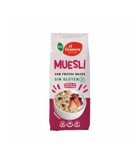MUESLI CON FRUTOS ROJOS SIN GLUTEN BIO, 375 g
Ref. 019143

Ingredientes: copos de avena* integral sin gluten 82,6%, copos de