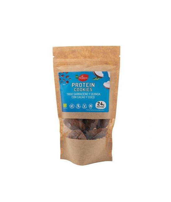 
GALLETAS COOKIES PROTEIN CACAO Y COCO BIO, 130 g
Ref. 019190

Ingredientes: pas de dátil* (26%), harina de trigo sarraceno