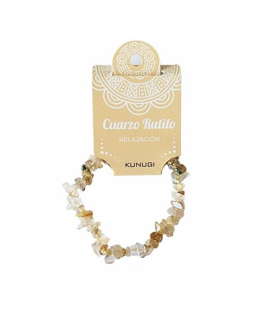 Pulsera de Cuarzo Rutilo en piedra chip pulida.

Presentada en jinete de cartón con nombre de mineral y su propiedad. Disponi