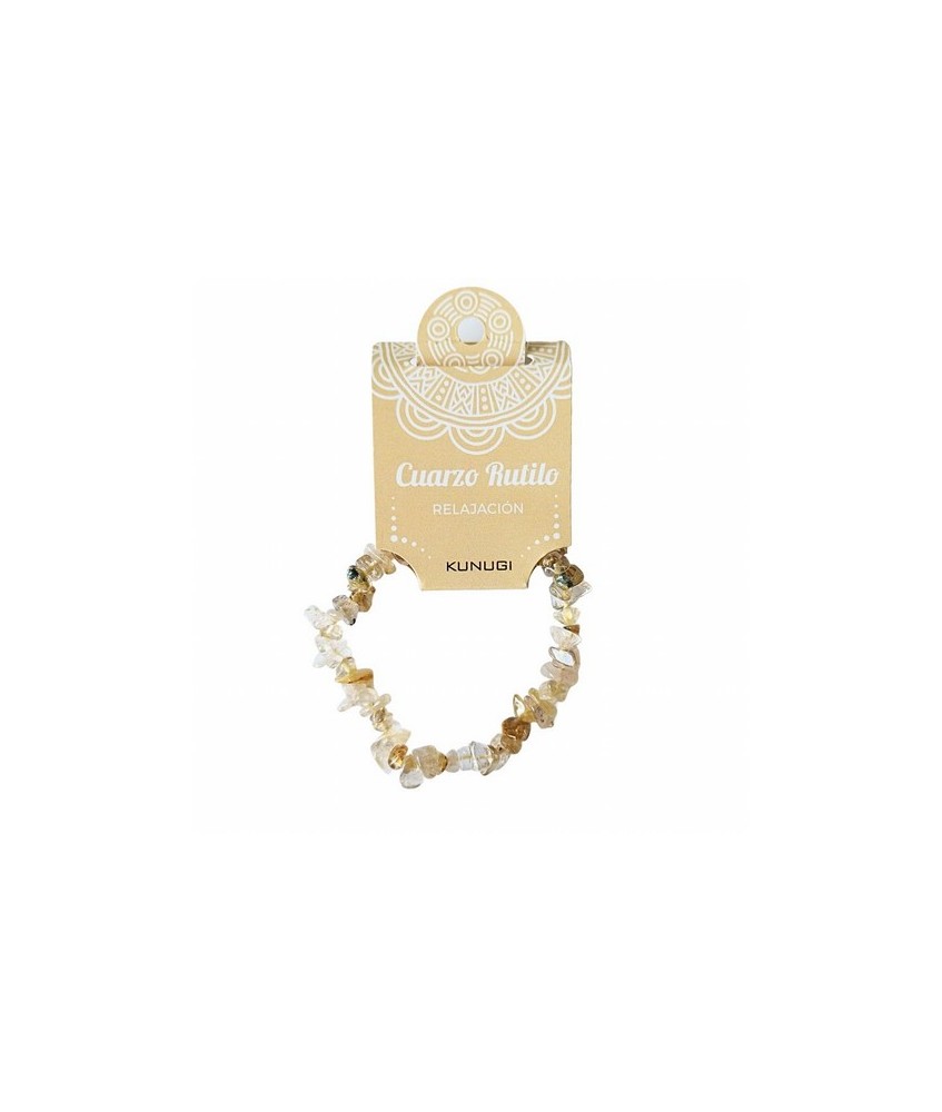 Pulsera de Cuarzo Rutilo en piedra chip pulida.

Presentada en jinete de cartón con nombre de mineral y su propiedad. Disponi