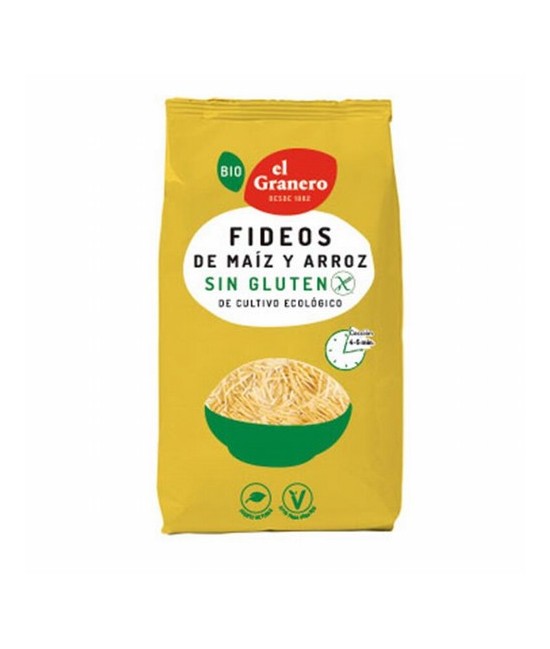 FIDEOS DE MAIZ Y ARROZ SIN GLUTEN BIO, 500 g
Ref. 019172

Ingredientes: harina de maíz* 95% , harina de arroz* 5% . Puede co