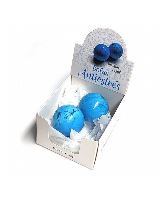 Caja con 2 Bolas Antiestrés de Howlita Azul para reposiciones del Expositor.

Las bolas antiestrés de minerales, al igual que