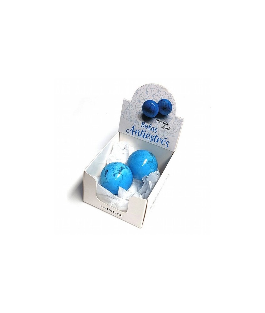 Caja con 2 Bolas Antiestrés de Howlita Azul para reposiciones del Expositor.

Las bolas antiestrés de minerales, al igual que