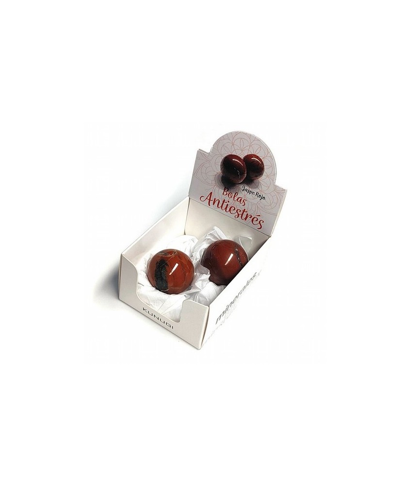 Caja que contiene 2 Bolas Antiestrés de Jaspe Rojo para reposiciones del Expositor.

Las bolas antiestrés de minerales, al ig