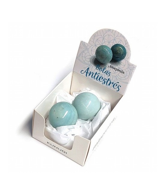 Caja que contiene 2 Bolas Antiestrés de Amazonita para reposiciones del Expositor.

Las bolas antiestrés de minerales, al igu