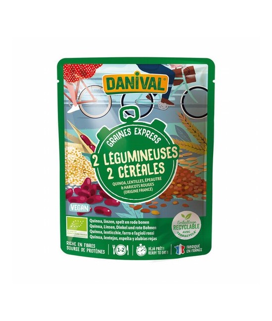 Ingredientes: quinoa precocinada* de Francia (34%), lentejas precocinadas* de Francia (23%), espelta* precocinada de Francía (2