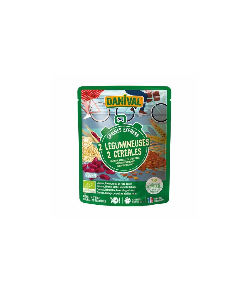Ingredientes: quinoa precocinada* de Francia (34%), lentejas precocinadas* de Francia (23%), espelta* precocinada de Francía (2
