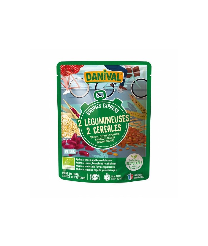 Ingredientes: quinoa precocinada* de Francia (34%), lentejas precocinadas* de Francia (23%), espelta* precocinada de Francía (2