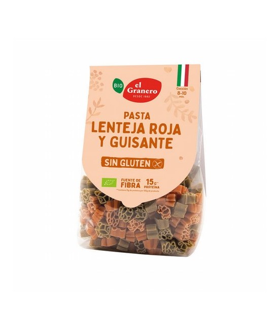 Ingredientes: pasta roja 50% (harina de lentejas rojas* 50%, harina de arroz integral* 50%), pasta verde 50% (harina de guisant